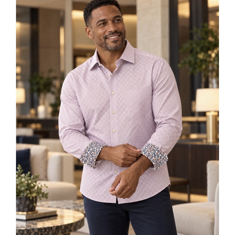 Egara Mens XL Non-Iron Button Down Shirt Pink Micro Check Long Sleeve Flip Cuff